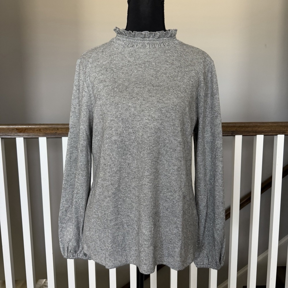 Talbots Smocked Neck Silver Tie Back Top Blouse MP Glam Party Cocktail Preppy